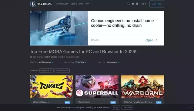 freetogame.com homepage screenshot