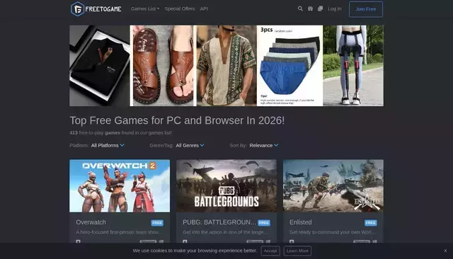 freetogame.com homepage screenshot