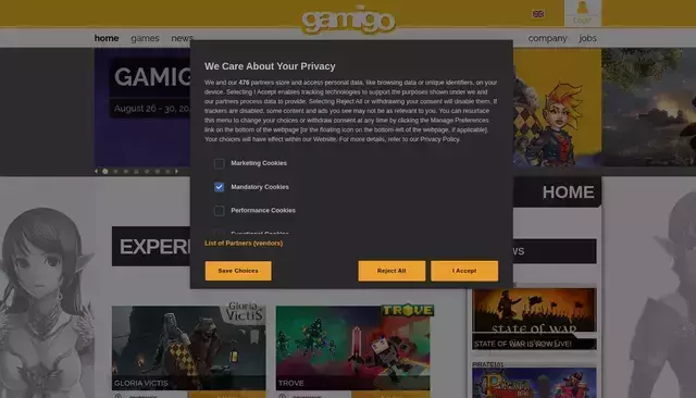 gamigo.com homepage screenshot