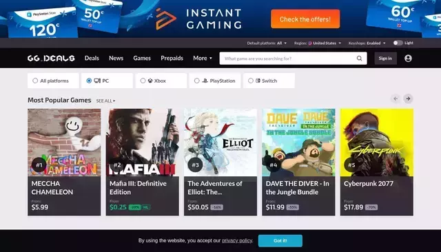 gg.deals homepage screenshot