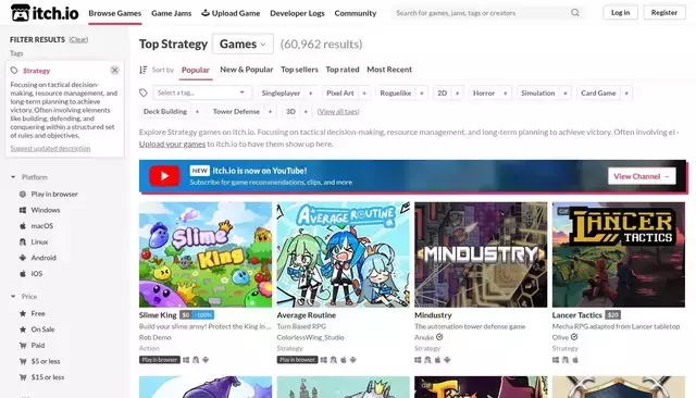itch.io homepage screenshot