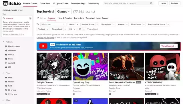 itch.io homepage screenshot