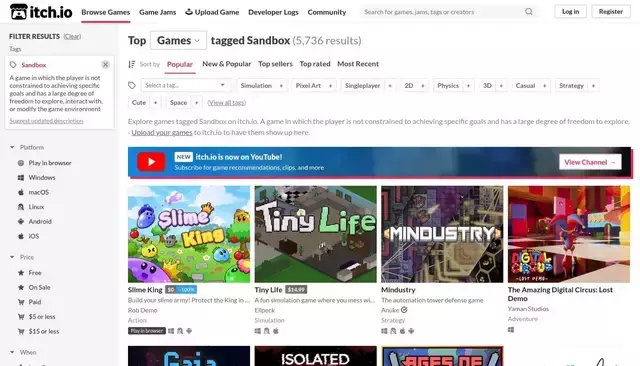 itch.io homepage screenshot