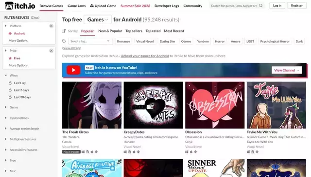 itch.io homepage screenshot