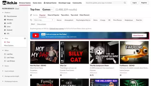 itch.io homepage screenshot