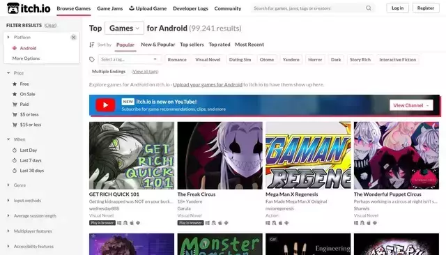 itch.io homepage screenshot