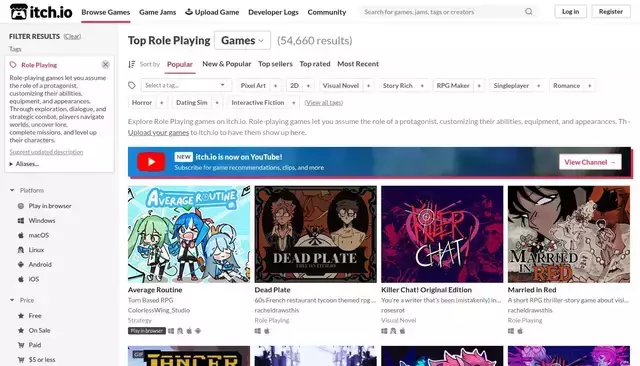 itch.io homepage screenshot