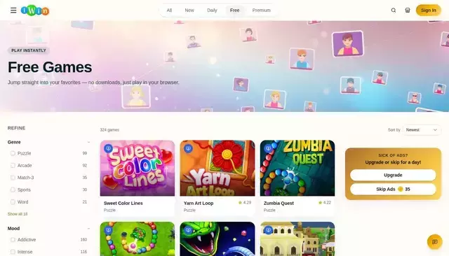 iwin.com homepage screenshot