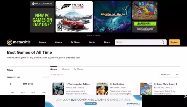 metacritic.com homepage screenshot