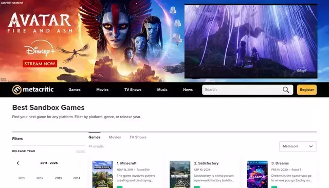 metacritic.com homepage screenshot