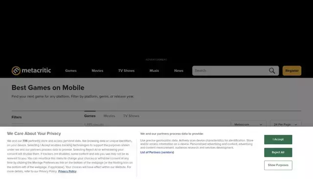 metacritic.com homepage screenshot