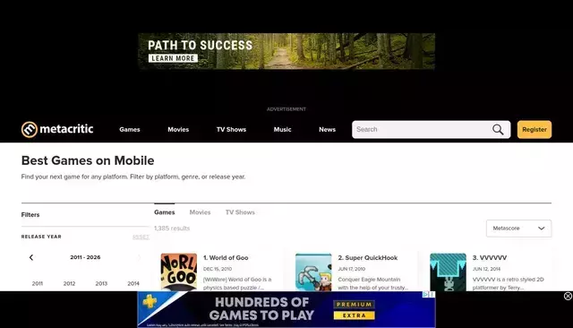metacritic.com homepage screenshot