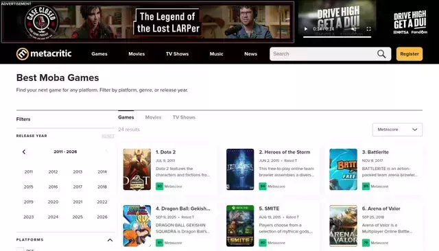 metacritic.com homepage screenshot