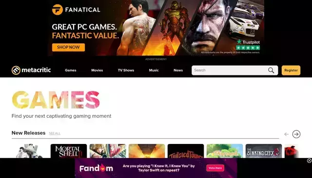 metacritic.com homepage screenshot
