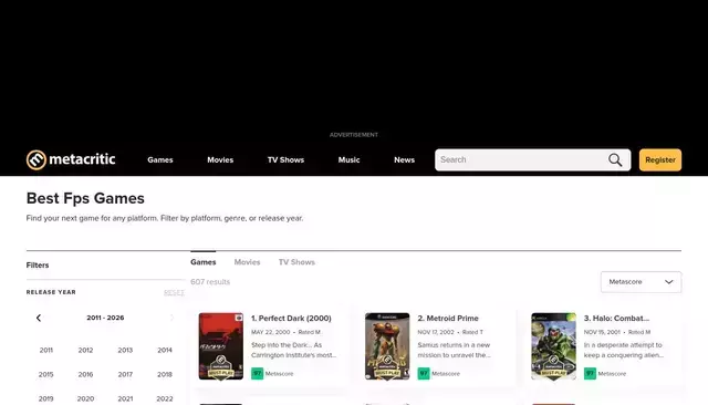 metacritic.com homepage screenshot