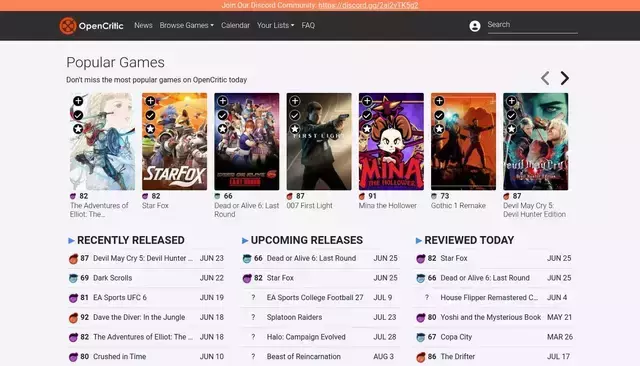 opencritic.com homepage screenshot