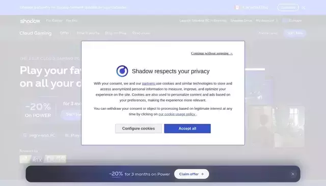 shadow.tech homepage screenshot