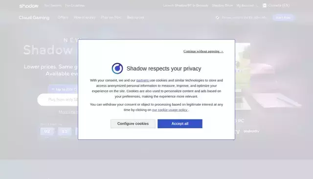shadow.tech homepage screenshot