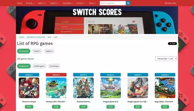 switchscores.com homepage screenshot