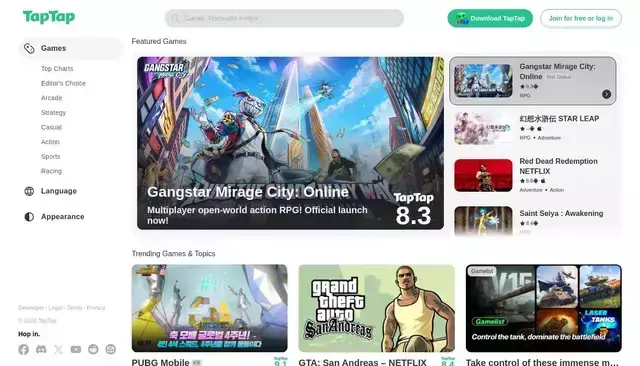 taptap.io homepage screenshot