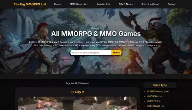 thebigmmorpglist.com homepage screenshot