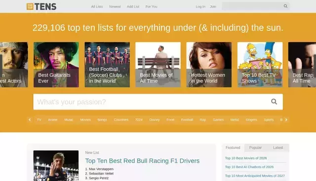 thetoptens.com homepage screenshot