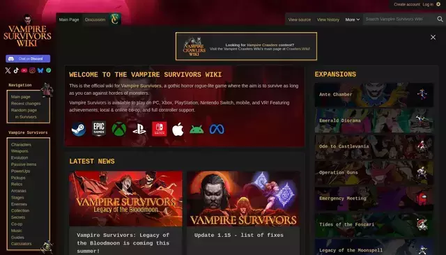 vampire.survivors.wiki homepage screenshot