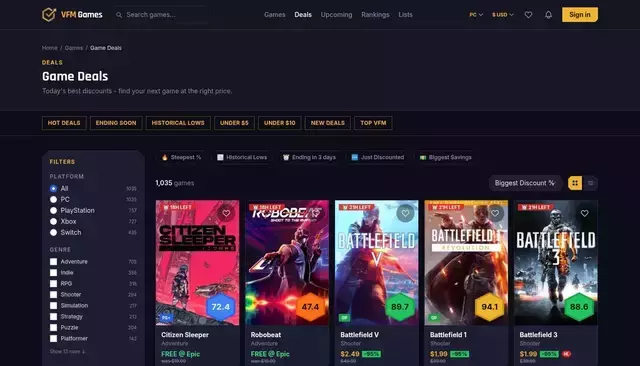 vfmgames.com homepage screenshot