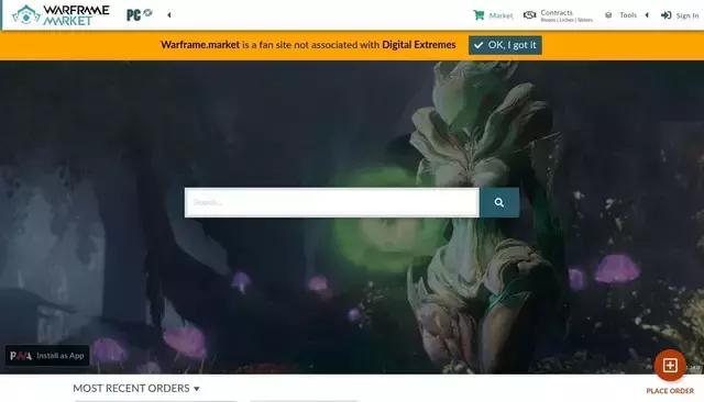 warframe.market homepage screenshot