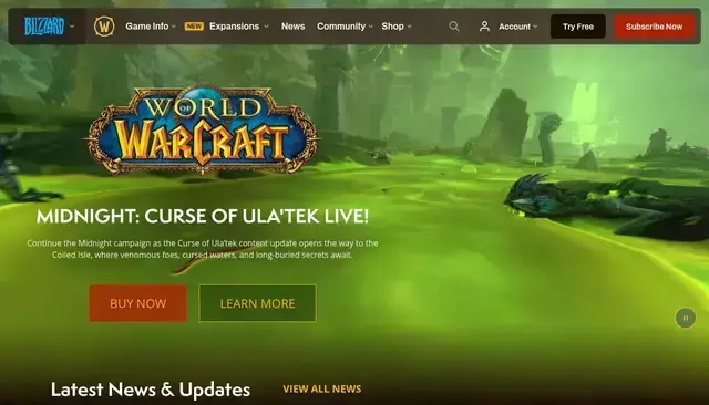 worldofwarcraft.blizzard.com homepage screenshot